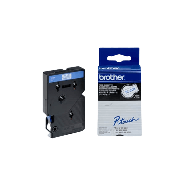 Brother TC203 Blå text / Vit tejp 12 mm x 7,7 m tejp - Original