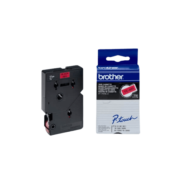 Brother TC401 Svart text / Röd tejp 12 mm x 7,7 m tejp - Original