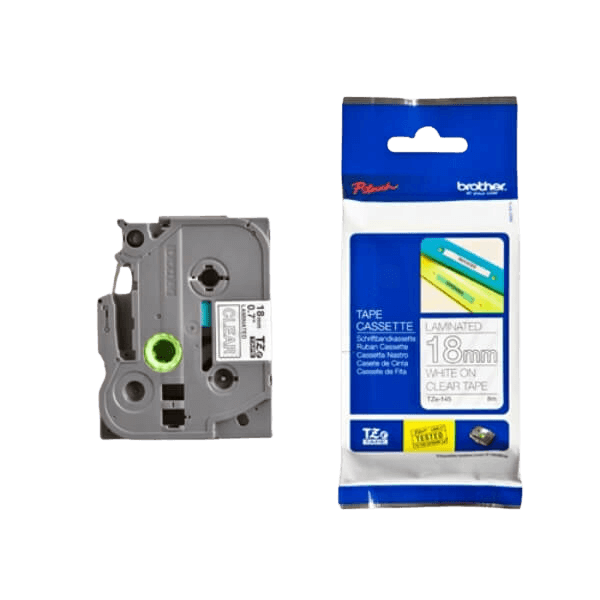 Brother TZe145 Vit text / Genomskinlig tejp 18 mm x 8 m tejp - Original