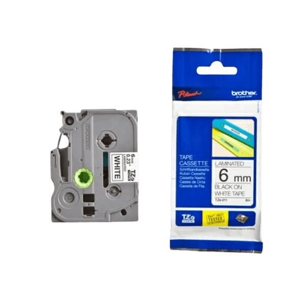 Brother TZe211 Svart text / Vit tejp 6 mm x 8 m tejp - Original