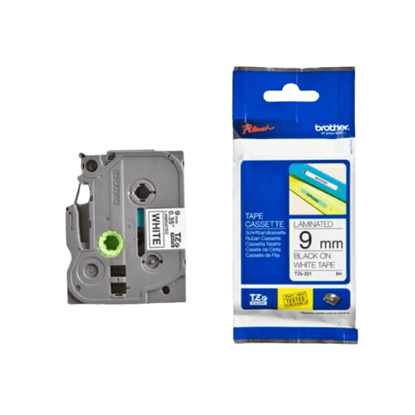 Brother TZe221 Svart text / Vit tejp 9 mm x 8 m tejp - Original
