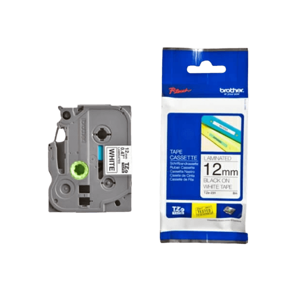 Brother TZe231 Svart text / Vit tejp 12 mm x 8 m tejp - Original