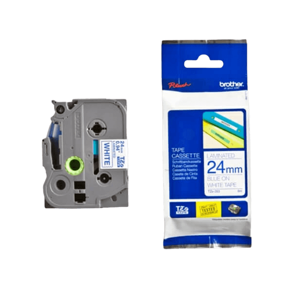 Brother TZe253 Blå text / Vit tejp 24 mm x 8 m tejp - Original