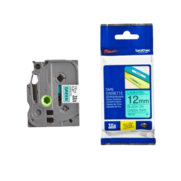 Brother TZe731 Svart text / Grön tejp 12 mm x 8 m tejp - Original