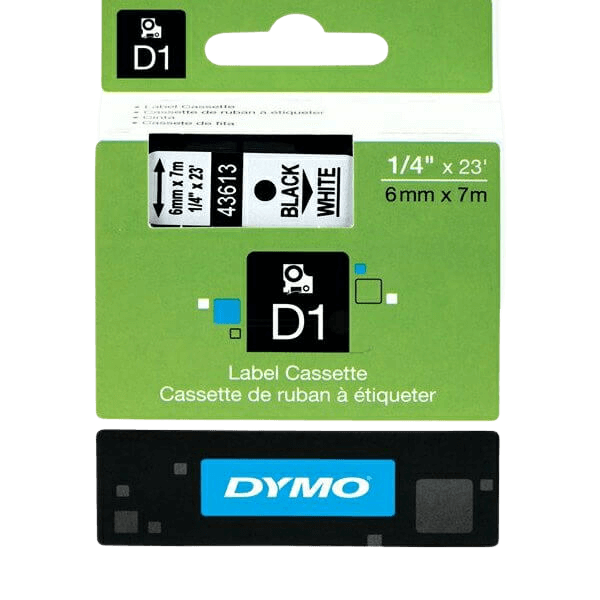Dymo D1 43613 / S0720780 Svart text / Vit tejp 6 mm x 7 m tejp - Original