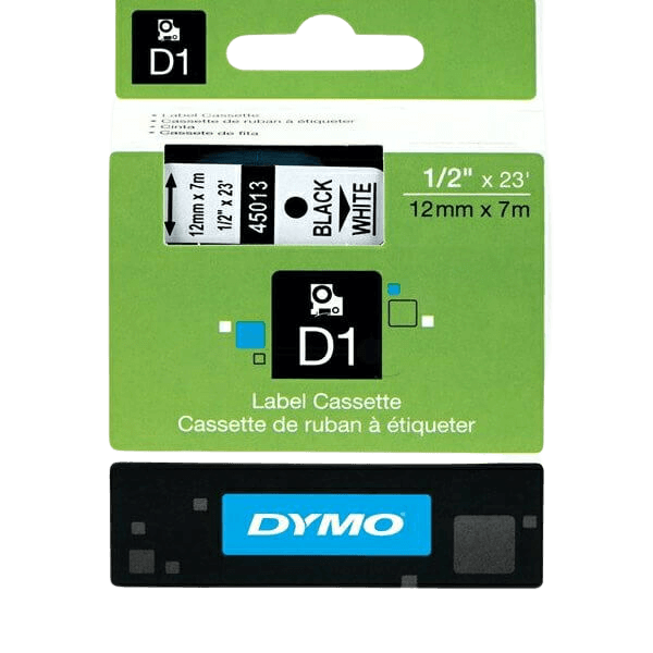 Dymo D1 45013 / S0720530 Svart text / Vit tejp 12 mm x 7 m tejp - Original