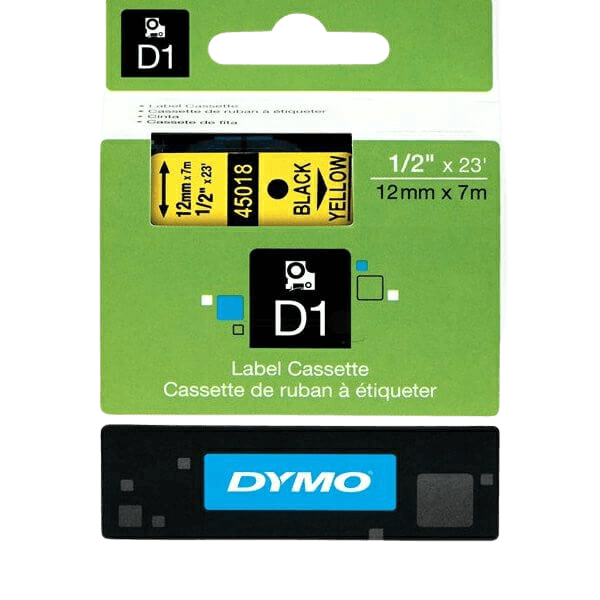 Dymo D1 45018 / S0720580 Svart text / Gul tejp 12 mm x 7 m tejp - Original