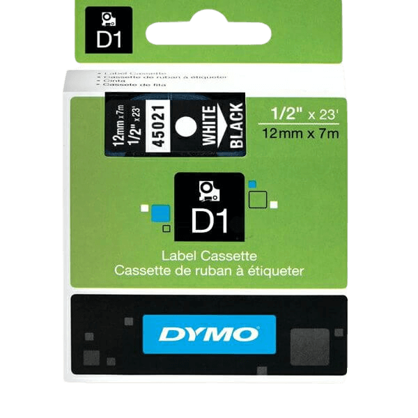 Dymo D1 45021 / S0720610 Vit text / Svart tejp 12 mm x 7 m tejp - Original